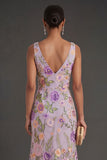 Lilac Floral A Line V Neck Long Wedding Guest Dress with Slit