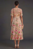 Blush Floral A Line V Neck Midi Wedding Guest Dress