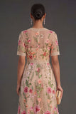 Blush Floral A Line V Neck Midi Wedding Guest Dress