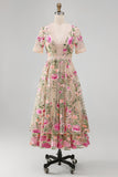Blush Floral A Line V Neck Midi Wedding Guest Dress