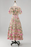 Blush Floral A Line V Neck Midi Wedding Guest Dress