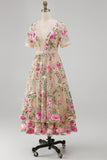 Blush Floral A Line V Neck Midi Wedding Guest Dress