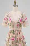 Blush Floral A Line V Neck Midi Wedding Guest Dress