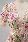 Blush Floral A Line V Neck Midi Wedding Guest Dress