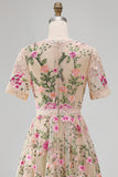 Blush Floral A Line V Neck Midi Wedding Guest Dress