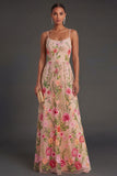 A Line Floral Spaghetti Straps Long Wedding Guest Dress