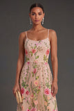 A Line Floral Spaghetti Straps Long Wedding Guest Dress