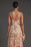 A Line Floral Spaghetti Straps Long Wedding Guest Dress