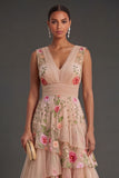A Line Blush Tiered Floral High Low Wedding Guest Dress