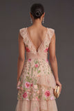 A Line Blush Tiered Floral High Low Wedding Guest Dress