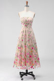 Blush Lilac Floral Strapless Midi Wedding Guest Dress