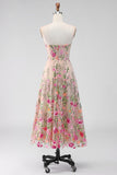 Blush Lilac Floral Strapless Midi Wedding Guest Dress