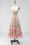Blush Lilac Floral Strapless Midi Wedding Guest Dress