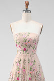 Blush Lilac Floral Strapless Midi Wedding Guest Dress
