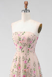 Blush Lilac Floral Strapless Midi Wedding Guest Dress