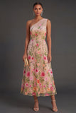 A Line One Shoulder Floral Blush Long Wedding Guest Dress