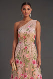 A Line One Shoulder Floral Blush Long Wedding Guest Dress