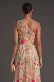 A Line One Shoulder Floral Blush Long Wedding Guest Dress