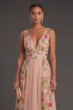 Floral Blush V Neck High Low Wedding Guest Dress