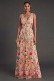 V Neck Floral Blush Long Wedding Guest Dress