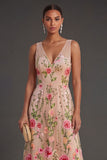 V Neck Floral Blush Long Wedding Guest Dress