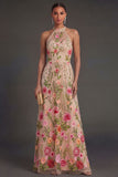 Backless Blush Floral A Line Long Wedding Guest Dress