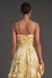 Yellow Floral A Line Short Summer Wedding Guest Dress