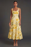 A Line Yellow Floral Thick Straps Long Summer Wedding Guest Dress