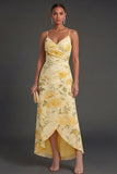 Ruched A Line Yellow Floral High Low Wedding Guest Dress