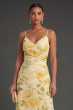 Ruched A Line Yellow Floral High Low Wedding Guest Dress