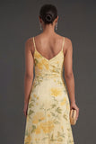Ruched A Line Yellow Floral High Low Wedding Guest Dress