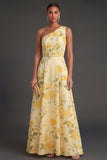 Ruched Yellow Floral A Line Long Wedding Guest Dress