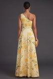 Ruched Yellow Floral A Line Long Wedding Guest Dress