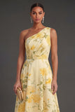Ruched Yellow Floral A Line Long Wedding Guest Dress