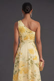 Ruched Yellow Floral A Line Long Wedding Guest Dress
