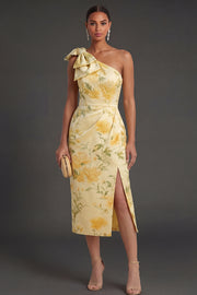 One Shoulder Yellow Floral Midi Wedding Guest Dress with Slit