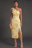 One Shoulder Yellow Floral Midi Wedding Guest Dress with Slit