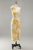 One Shoulder Yellow Floral Midi Wedding Guest Dress with Slit