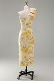 One Shoulder Yellow Floral Midi Wedding Guest Dress with Slit