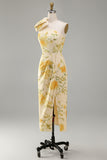 One Shoulder Yellow Floral Midi Wedding Guest Dress with Slit