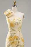 One Shoulder Yellow Floral Midi Wedding Guest Dress with Slit
