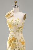 One Shoulder Yellow Floral Midi Wedding Guest Dress with Slit