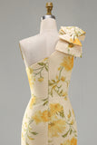 One Shoulder Yellow Floral Midi Wedding Guest Dress with Slit