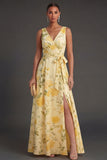 V Neck Yellow Floral Long Wedding Guest Dress with Slit