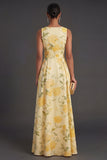 V Neck Yellow Floral Long Wedding Guest Dress with Slit