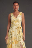V Neck Yellow Floral Long Wedding Guest Dress with Slit
