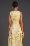 V Neck Yellow Floral Long Wedding Guest Dress with Slit