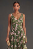 Dark Green A Line Ruffled Floral Midi Wedding Guest Dress