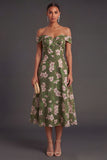 Dark Green A Line Floral Midi Wedding Guest Dress