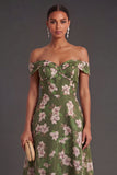 Dark Green A Line Floral Midi Wedding Guest Dress